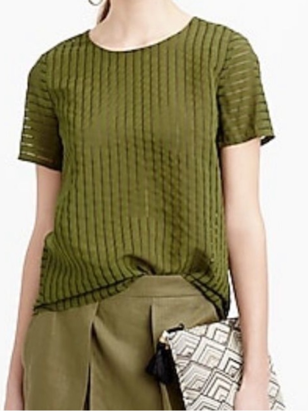 NWT J.Crew Olive Green Sheer Stripe Short Sleeve Top Size 2